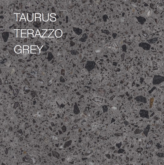 a close-up photo of Technistone Taurus Terrazzo Grey polished