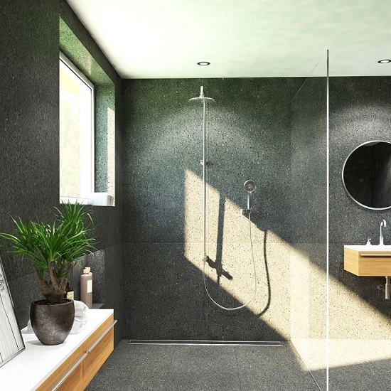 a bathroom with Technistone Taurus Terrazzo Grey floors