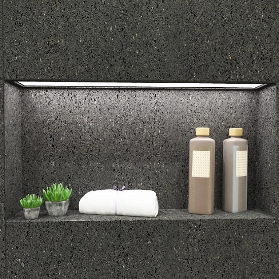 a Technistone Taurus Terrazzo Grey bathroom worktop and wall