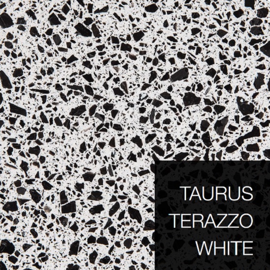 a photo of Technistone Taurus Terrazzo White quartz and a product label