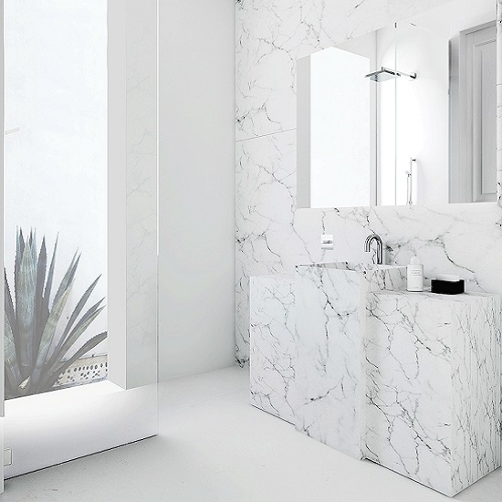 a bathroom with Bianco Carrara Venato marblewalls