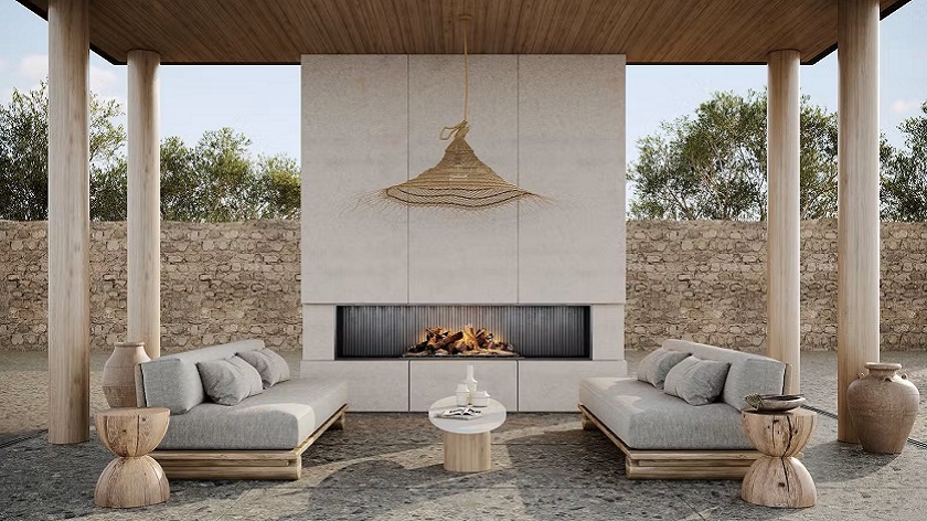 Dekton Sabbia outdoor fireplace application