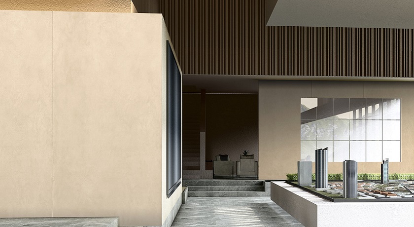 an outdoor wall cladding in Ascale Cosmpolita Ivory porcelain