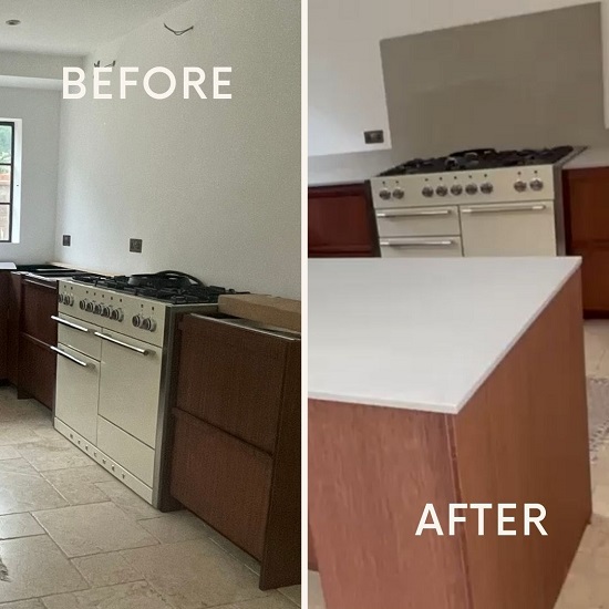 Before and After photo of Caesarstone Primordia worktop installation