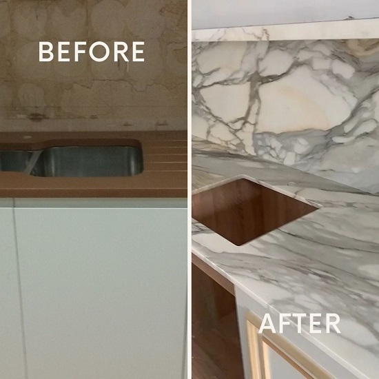 Before and after photo of Calacatta Borghini marble worktop installation