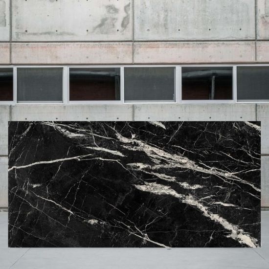 an image of an Xtone Marquina Black slab outside a London stone yard