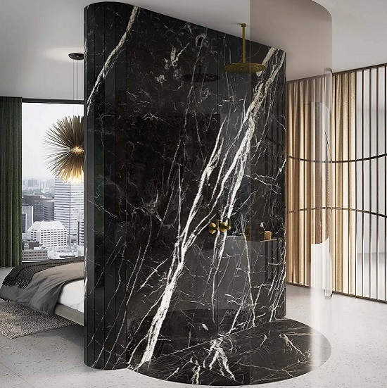 a luxury bedroom with a wall panel in Xtone Marquina Black