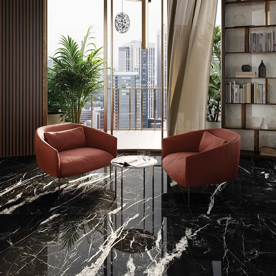 a phot of a contemporary living room with Xtone Marquina Black floor tiles