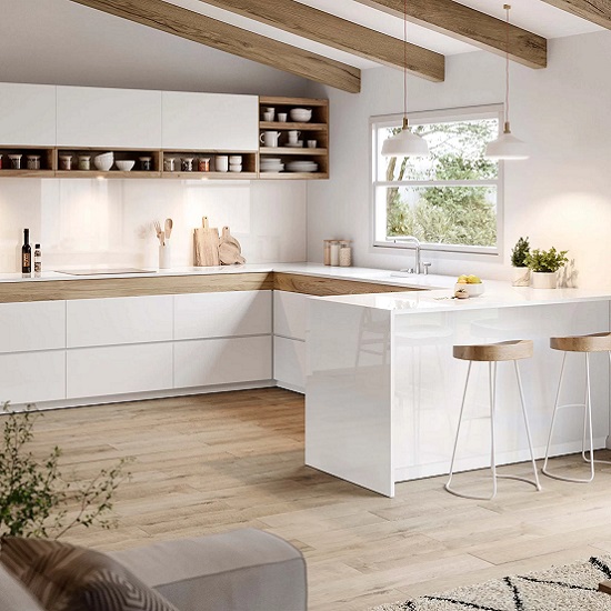 a contemporary white kitchen with Xtone Moon White worktops