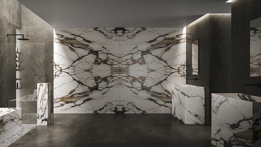 Book matched wall with two marble effect slabs