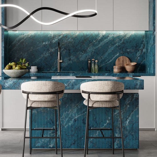 a modern kitchen with CRL Quartz Cristallo Azure worktops