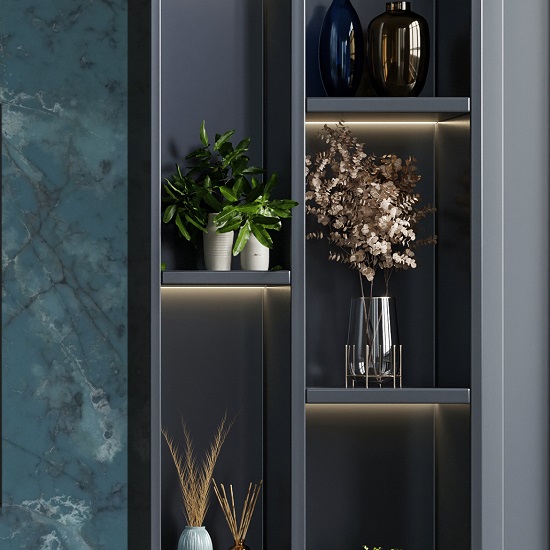 a blak cabinet and CRL Quartz Cristallo Azure wall cladding