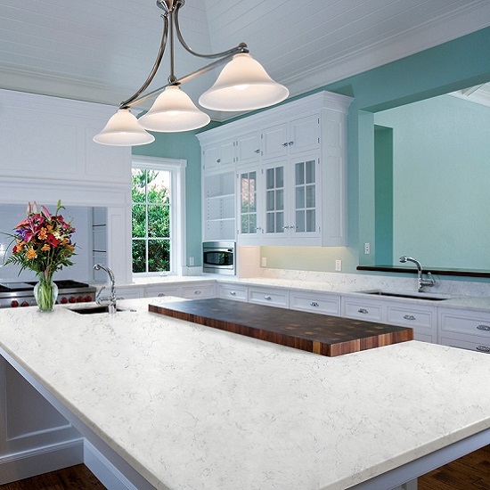 a photo of a modern kitchen with Nile Quartz Carrara 20mm