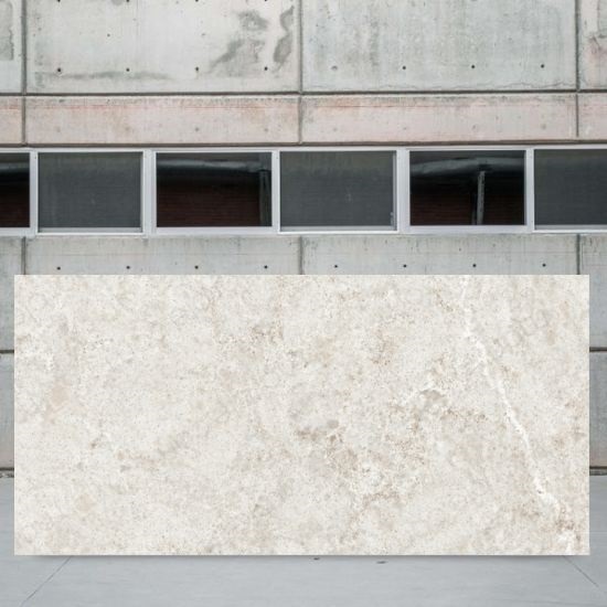 an image of a Caesarstone Bianco Drift slab outside a stone yard