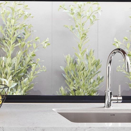 a photo of a kitchen with Caesarstone Bianco Drift 20mm worktops and plants in front of a wall