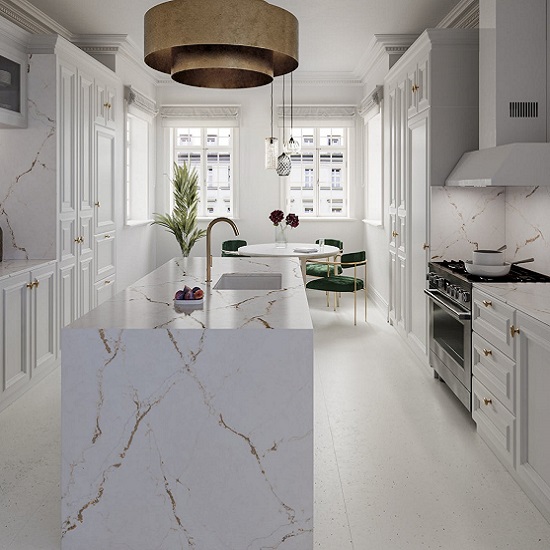 a modern kitchen with a Silestone Versailles Ivory island waterfall