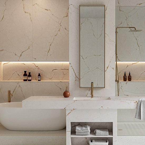 a photo of a bathroom with a Silestone Versailles Ivory wall