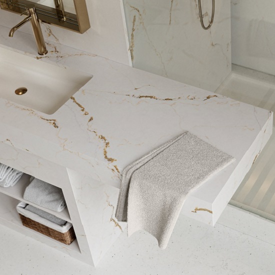 a photo of a Silestone Versailles Ivory vanity top and a towel