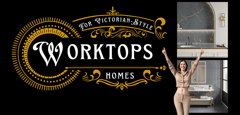 a thumbnail with a woman, stone worktops and title 'Why Should You Care About Worktops in a Victorian Home'