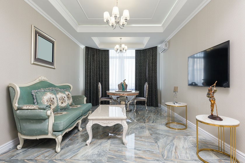 a Victorian Living room with Fusion Blue quartzite floor tiles