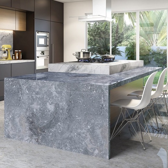 a photo of a kitchen with Mystic Grey marble worktops