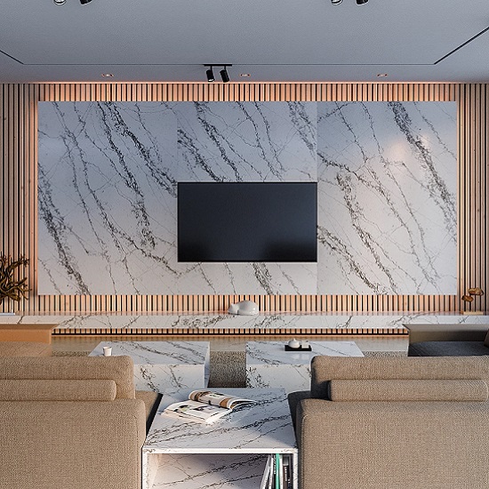 a room with Technistone Verde Peak wall cladding behind a TV
