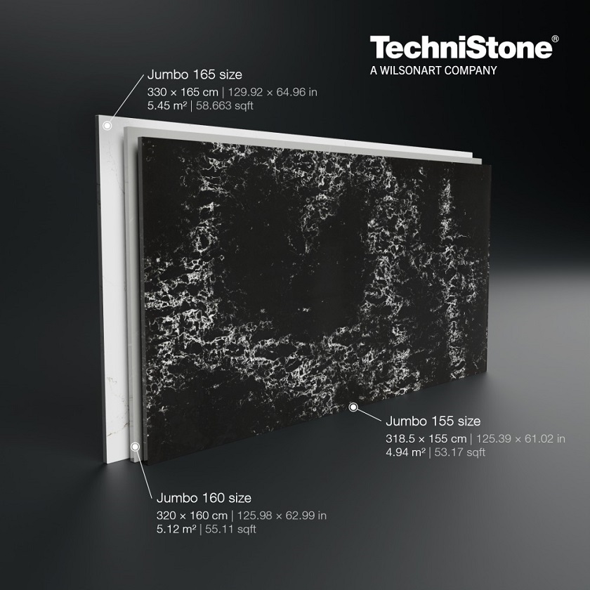 A photo showing Technistone slab sizes with a white logo and a black quartz slab with white veining