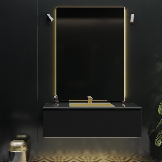 a photo of black bathroom with a Technistone Crystal Vulcano vanity top