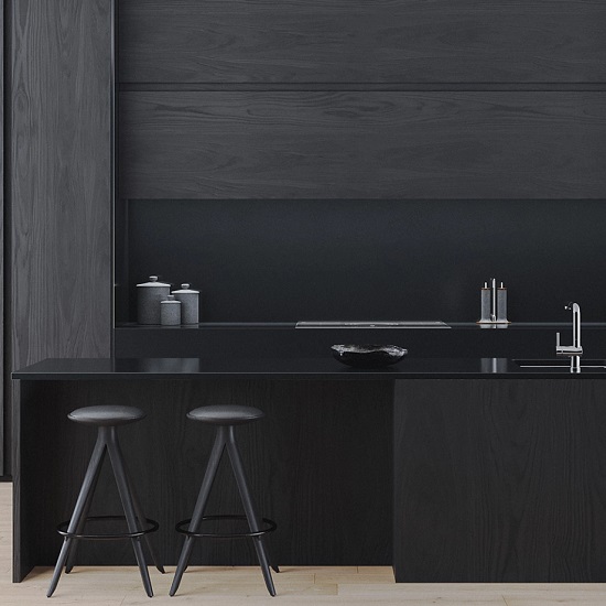 a photo of a black kitchen with Technistone Crystal Vulcano quartz