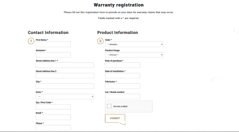 a photo of Technistone' s 25-year warranty registration form