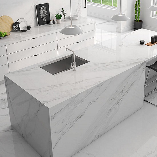 a photo of a white room with an Arklam Atlantis kitchen island waterfall
