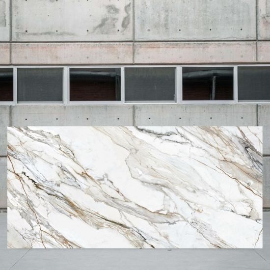 an image of a Arklam Calacatta Paonazzo honed slab outside stone yard