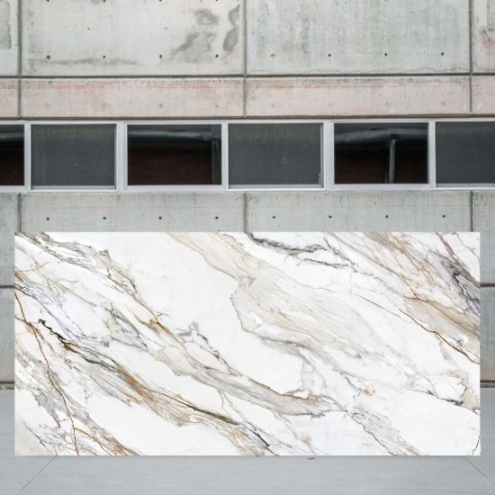 an image of a Arklam Calacatta Paonazzo polished slab outside stone yard