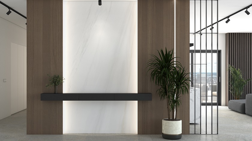 a photo showing an office wall in Ascale Lasa White polished, a plant and a wood panel behind
