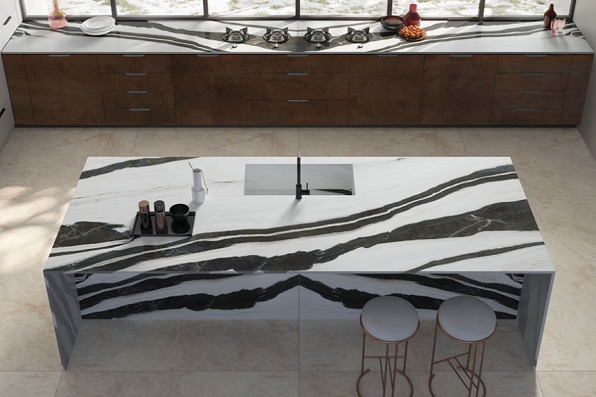 A photo of a book matched Panda Whit marble inspired island by Infinity Surfaces porcelain