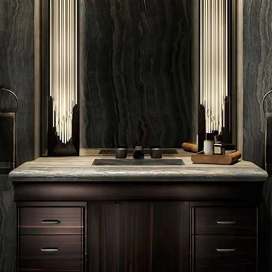 a photo of a dark room with Black Onyx worktops
