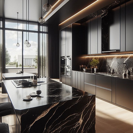 a render of a kitchen with Black Onyx kitchen worktops and a backsplash
