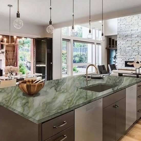 a photo of a kitchen with Himalayan Green Onyx worktops