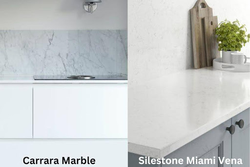 A close-up of a marble worktop vs Silestone Quartz Miami Vena worktop