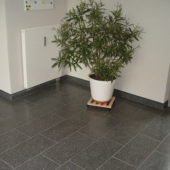 a photo of floor tiles in terrazzo Antracite by Agglotech and a plant
