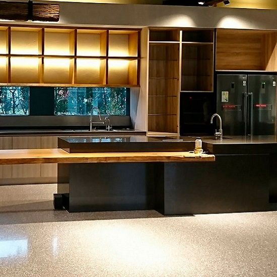 a photo of a kitchen with gold terrazzo Zafferano floor tiles