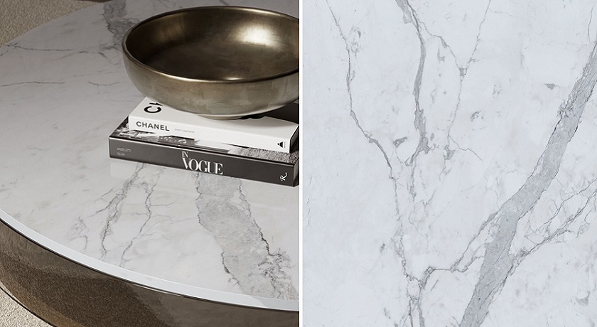 A photo of a coffee table with an Infinity Surfaces Statuario Principe Natura Vein worktop