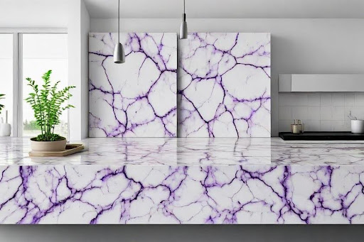 A Lilac marble worktop with a purple marble pattern and a plant on top