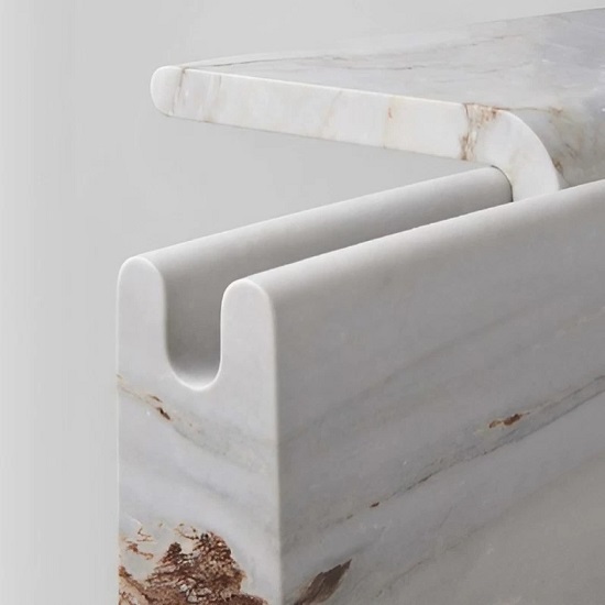a close-up of a Palissandro Bluette Marble worktop with a recess