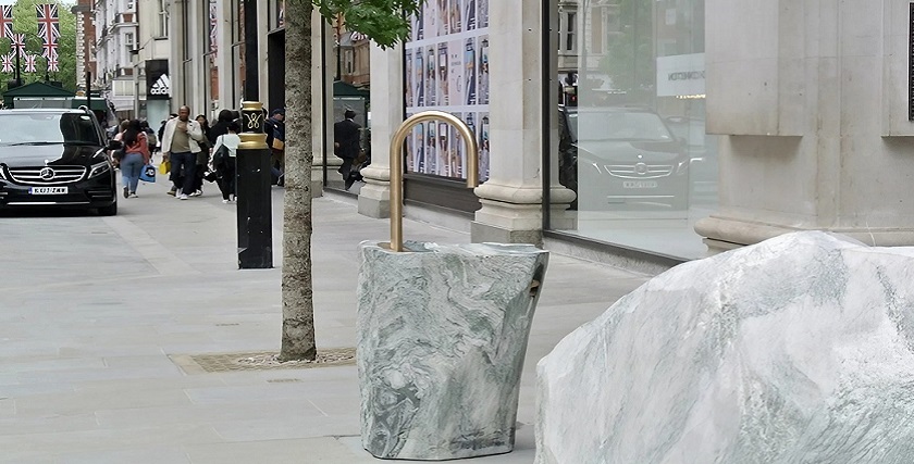 Trending marble designs: Cipollino Green marble sink outside Selfridges London