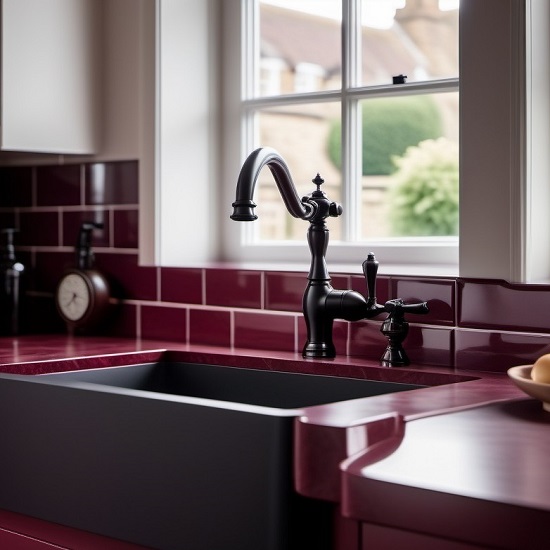 an image of a burgundy slate worktop in a traditional kitchen, a black Belfast sink and a black faucet - imagined by ai