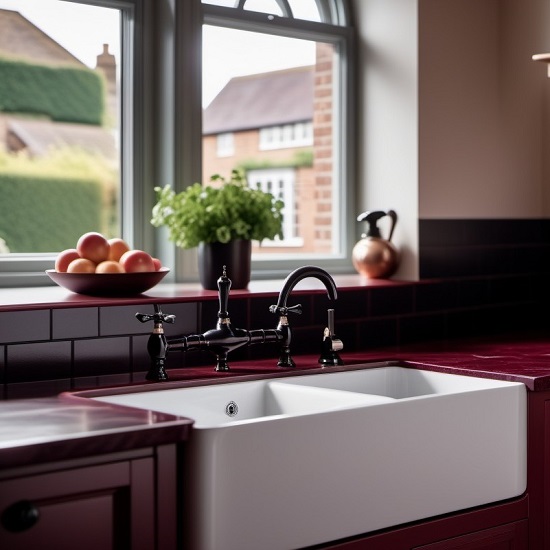 an image of a burgundy slate worktop in a traditional kitchen, a Belfast sink and a black faucet. imagined by ai