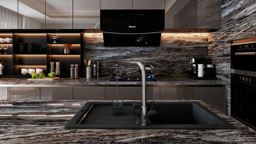 a photo of a kitchen with Palissandro Bronze Marble worktops and splashbacks