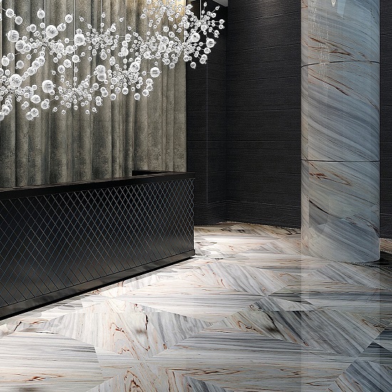 a reception area with Palissandro Fiorito Marble floor tiles and wall cladding