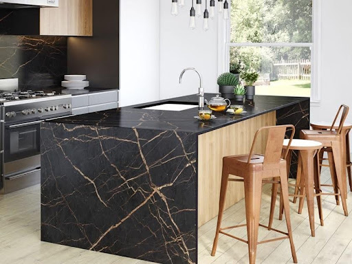 A kitchen with a Dekton Laurent marble effect island